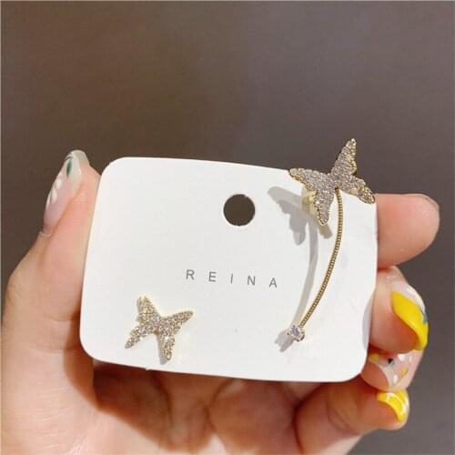 Vintage Metal Asymmetry Butterfly Drop Earrings for Woman Fashion Korean Crystal Charm Long Dangle Earrings Jewelry Gift