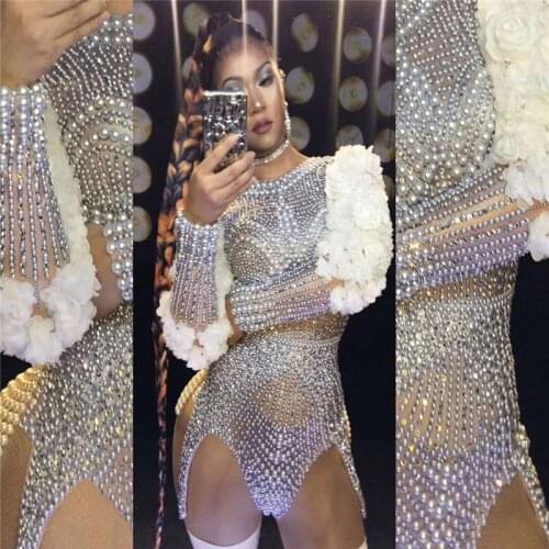 X22 Female pole dance stage costumes singer performance Pearl rhinestone jumpsuit short flower outfits bar dress disco clothe dj
