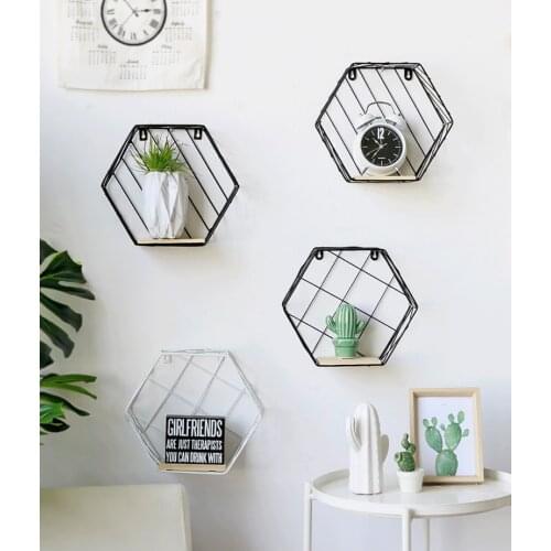 Iron Hexagonal Grid Wall Storage Shelf Nordic Style Ins Home Hexagonal Built-In Rack Creative Bedroom Decorations Home Decor