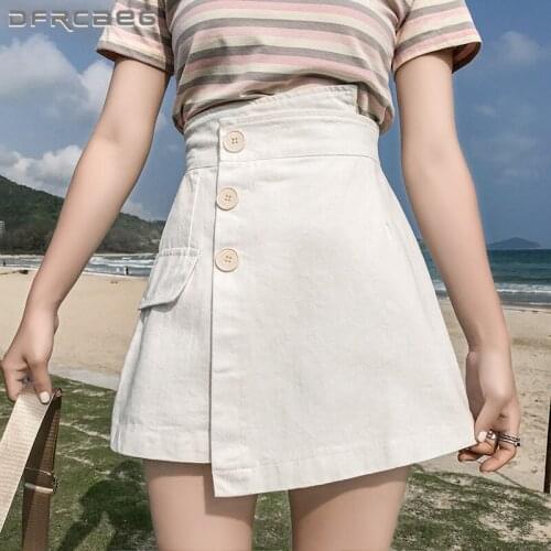 White Summer Irregular Womens Denim Skirt With Button 2021 High Waist Streetwear Slim Mini A-Line Skirts Jeans Femme