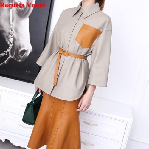 Womens genuine Leather Clothing 2020 Winter Female Japanese Loose Casual Jacket Three-quarter Sleeve Coat With Belt Grey Blouse