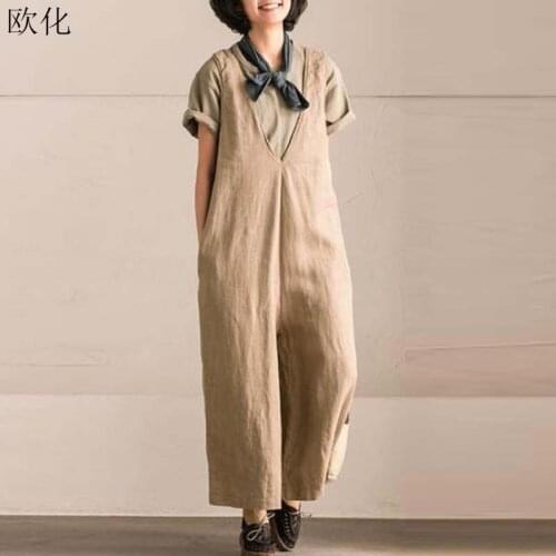 Plus Size 5XL Wide Leg Trouser Women Casual Loose Vintage Bib Overalls Sleeveless Strappy Solid Loose Rompers Jumpsuits Pants