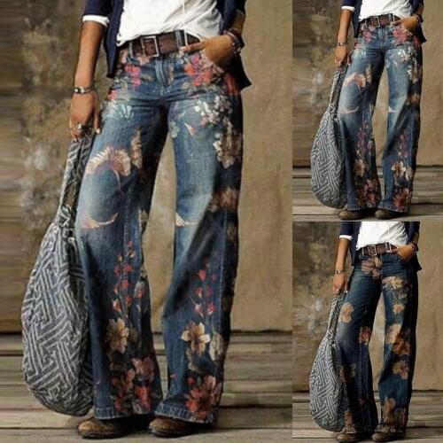 Plus Size Vintage Denim Jeans Women Retro High Waist Wide Leg Floral Print Long Loose Jeans Pants Trousers