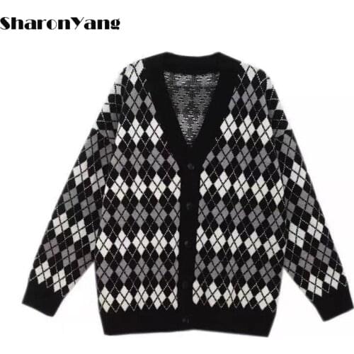 Spring and Autumn 2021 New Style Outerwear Women Loose Sweater Coat Female Plaid Knitted Cardigan V Neck Sweater Jacket Cropped
