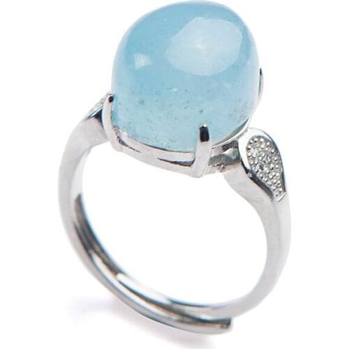 Precious Blue Gems Stone Natural Aqua marine Pendant Adjustable Size Wedding Party Fashion Ring Woman Men