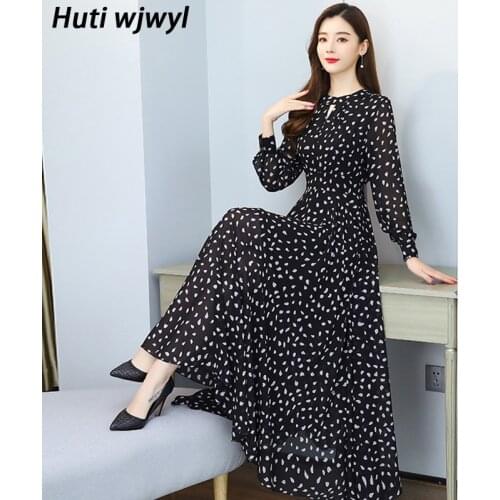 2021 Plus Size Casual Boho Beach Dress Spring Autumn Women Party Bodycon Maxi Vestido Vintage Black Floral Chiffon Midi Sundress