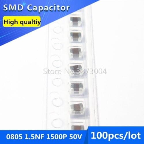 100pcs SMD Thick Film Chip Multilayer Ceramic Capacitor 0805 1.5NF 1500P 50V COG/NPO 5