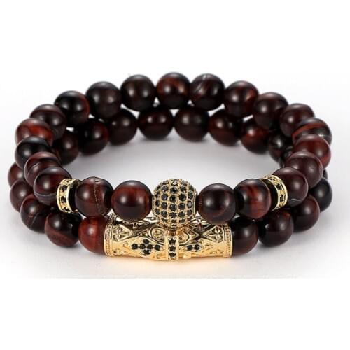 8mm 2PCS/Set hs24 elastic adjusted nature red Tigereye bead micro pave cz zircon cubic zirconia Copper Bangles Bracelet