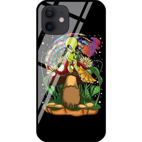 Magic Mushroom Alien Trippy Weed Acid Trip Tempered Glass Case For iPhone 11 12 Pro MAX XS XR 7 8 Plus SE Phone Back Cover Shell