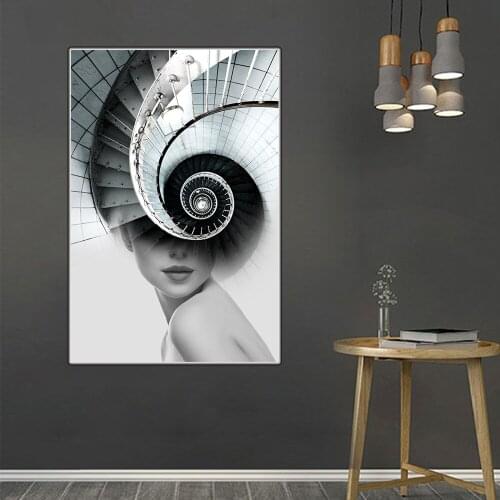 Citon Beauty girl and stairs Surrealism Scandinavian Canvas Art Oil Painting Artwork Poster Picture Wall Decor Home Decoration