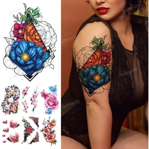 Flower tattoos for women arm sleeve temorary tattoo big body art rose lotus butterfly fake henna tattoo black lace waterproof