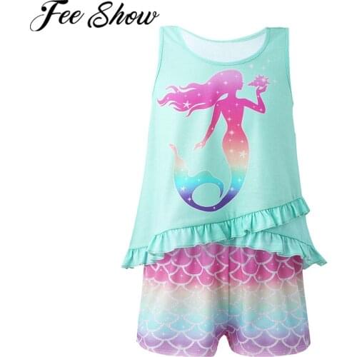 Princess Mermaid Pajamas For Girls Kids Vest Tops + Shorts Sets Children Cotton Casual Home Clothing Summer Girls Clothes Set