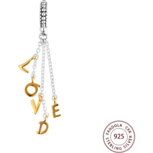 Fandola Genuine 925 Sterling Silver Loved Script Dangle Beads Charms Fit Original Bracelets DIY Jewelry Making