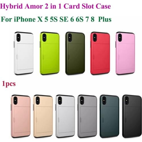 Hybrid Armor Case For Apple iPhone X 8 7 6 6S Plus 5 5S SE Shockproof 2 in 1 Slide Card Slot Phone Cover