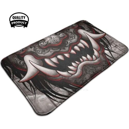 Gothic Grunge Oni - Grey 3D Soft Non-Slip Mat Rug Carpet Foot Pad Oni Hannya Japan Japanese Demon Yokai Troll Tattoo Baroque