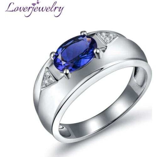 LOVERJEWELRY Vintage Tanzanite Ring Oval 6x8mm 18Kt White Gold Natural Tanzanite Diamond Rings For Men Birthday Gift