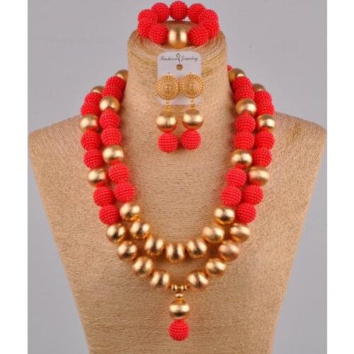 Red african wedding beads 24 inches simulated pearl necklace nigerian bridal jewelry sets FZZ40
