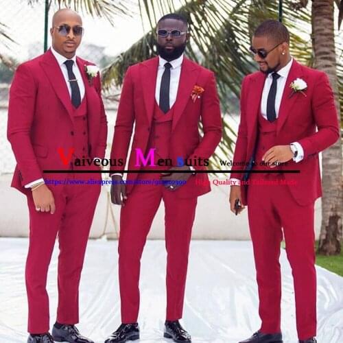 Red Mens Wedding Suits Shawl Lapel 3 Pieces Groom Tuxedos Mens Blazer Jacket Men Groomsmen Terno Masculino (Jacket+Vest+Pant)