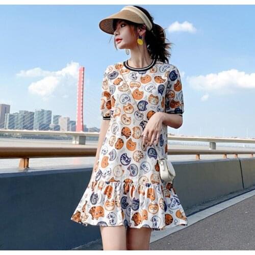2021 Summer Fashion Print O-neck Dresses Plus Size Women Dresses New Brand Loose Casual Elegant Temperament Women Short Skirt
