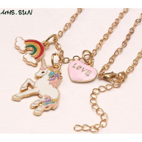 MHS.SUN Newest Unicorn Heart Rainbow Pendant Chain Necklace Cute Charm Alloy Pendant Necklace For Child/Kids/Girls Jewelry