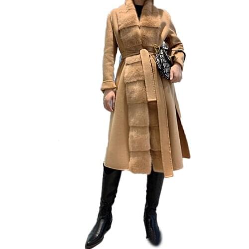 2020 New Luxury High Quality Cashmere Wool Blend Coat Women Winter Jackets Sheep Woolen Coats With Real Mink Fur Collar Trim