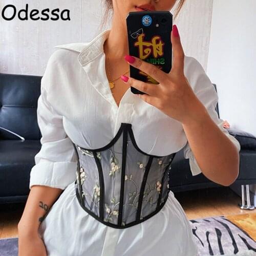 Odessa Embroidery Mesh Sexy Y2K Bandage Corset Crop Top Women Sleeveless Backless See Through Stripe Vintage Summer Bustier 2021