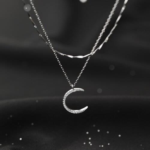 925 Sterling Silver Zircon Double Layer Moon Charm Pendant Choker Necklace For Women Girl Party Jewelry dz846