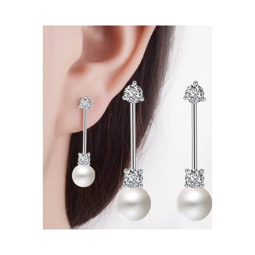 Simple Classic women wedding Plata color Earrings jewelry Pearl Earrings with shine CZ 8-9mm Natural Pearl accessory