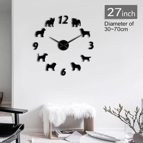Different Modern Pug Cute Dog Breeds DIY Wall Clock Puppy Big Wall Watch Giant 3D Mirror Frameless Wall Sticker Dog Lover Gift