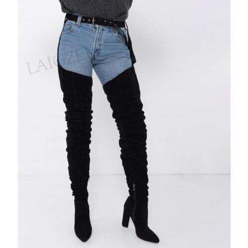 BERZIMER Women Thigh High Chap Boots Side Zip Waist Belt Faux Suede Chunky High Heels Over Knee Boots Shoes Size 38 44 45 47