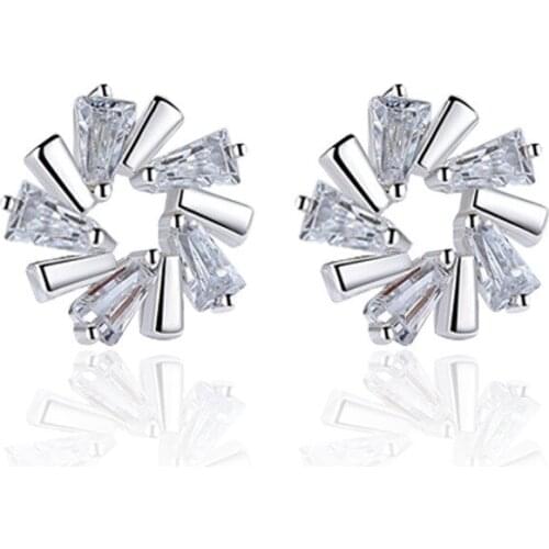 S925 Silver Earring Crystal Sparkling Trapezoid Circle Stud Earring For Women Wedding Gift Lady Girl Fashion Zircon Jewelry