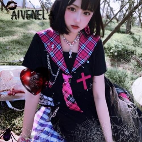 Harajuku Gothic Punk Pink Short Sleeve JK Uniform Tops Plaided Mini Skirts Cool Sweet Skull Clothes Set AFC1192