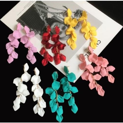 YAOLOGE 7 Color Acrylic Long Tassel Plant Rose Flower Petal Earrings Dangle Boho Statement Fashion Earrings Jewelry For Women