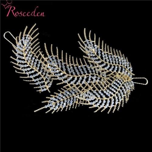 Vintage Gold Wedding Feather Headband Rhinestone Bridal Headpieces Leaf Crown Women Party Pageant Hair Accessories RE3568