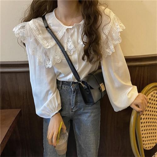 Alien Kitty Office Lady Fairy Peter Pan Collar Basic Blouses Chic All Match 2020 Lace Chiffon Puff Sleeves Casual Female Shirts