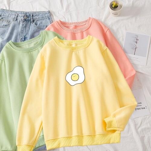 Aesthetic Cute Womens Egg Print Sweatshirt Comfortable Loose Crew Neck Hoodie Harajuku Kawaii Oversized Funny Tops Sudaderas