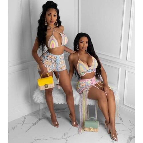 Sexy Crochet Tassel Two Piece Skirt Set Beach Dress Suit Summer Outfit Womens 2021 2 Piece Matching Sets