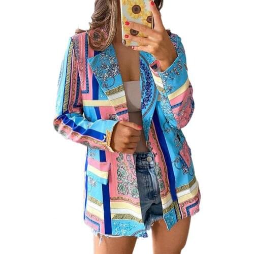 Vintage Blue Printe Women Blazer Unique Fashion Office Ladies Suit Jackets Casual Decor Pocket Single Button Suit Coat Workwear