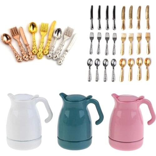 1-12Pcs 1:12 Mini Dollhouse Miniatures Tableware Cutlery Knife Fork Spoon Cake Knife Chopping Block Kettle Kitchen Food Toys