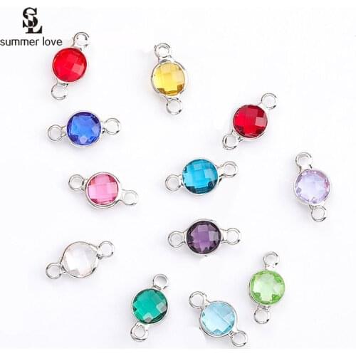 10pcs Wholesale Silver Color Crystal Birthstone Connectors Mini 6mm 2 Holes Round Charms for Diy Jewelry Making Accessories