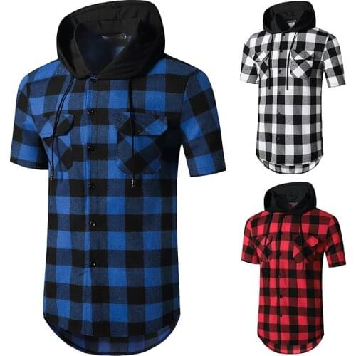 2021 Classic Summer Mens Short Sleeve Hoodie Plaid Flannel Shirt Mens Fashion Clothing Trends