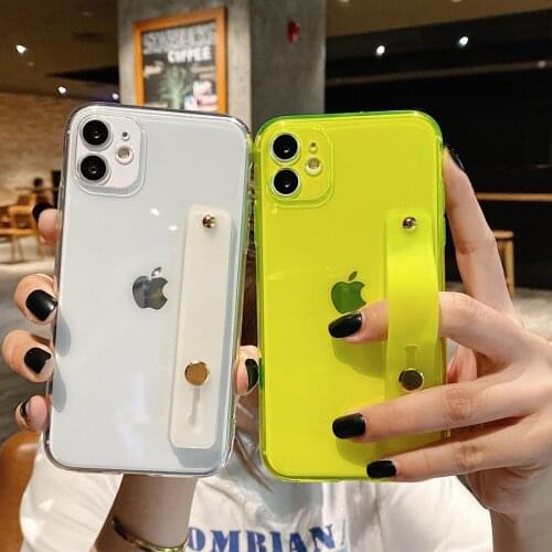 Wrist Strap Fluorescent Color Transparent Phone Case For iphone 12 11 Pro Max MiNi X XR XS Max 6 6S 7 8 Plus SE 2020 Soft Cover