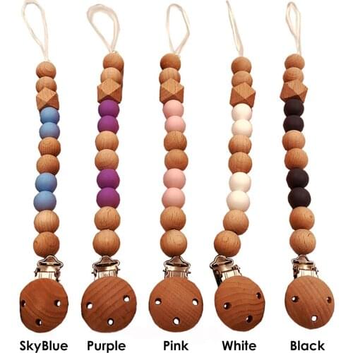 Baby Pacifier Clip Chain Wooden Beads Safe Teething Soother Chew Toys Dummy Nipple Leash Strap Holder for Infant Feeding