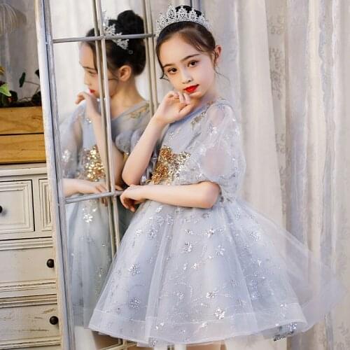Elegant Girls Princess Dress Beads Sequin Belt Wedding Party Tutu Fluffy Gown For Children Kids Evening Formal Pageant Vestidos