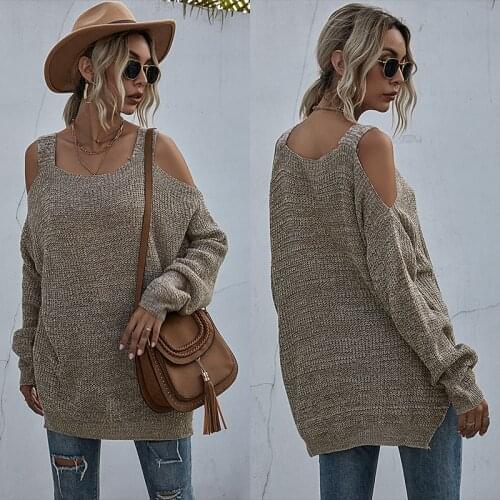 European And American Solid Knitted Casual Loose Shoulder Sweater Women Long Sleeves