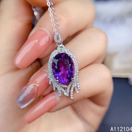 KJJEAXCMY fine jewelry 925 pure silver inlaid natural amethyst women luxury trendy oval Chinese style big gem pendant necklace s