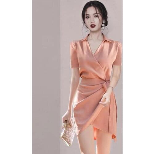 Korean Fashion Sheer OL Office Work Dress Ladies Short Sleeve Black Pink Shirt Dress Woman Streetwear Mini Corset Shirt Dresses