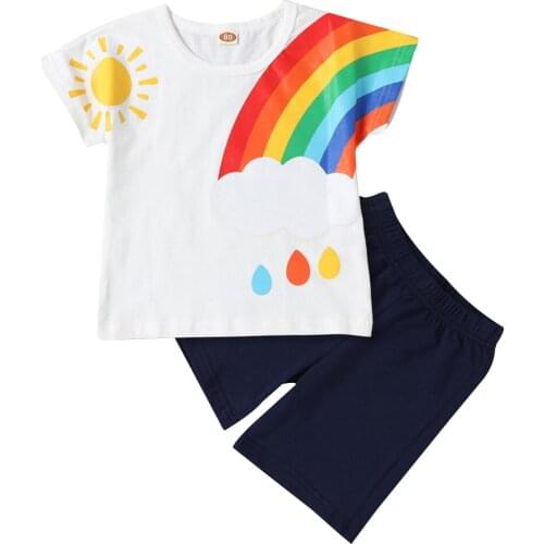 Toddler Baby Boys and Girls Summer Outfits Rainbow Print Short Sleeve Tops and Shorts Two Piece Set Kids Casual Clothes New D30