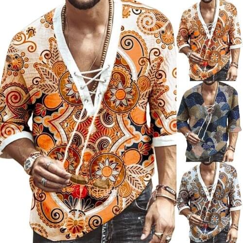 Plus Size Men 4XL Half Sleeve V Neck Floral Print Chest Lace-up Shirt T-shirt Top Casual Male Tees Loose Fashion Streetwear Tops