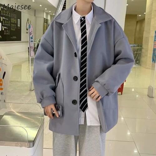 Men Blends Single Breasted Long Sleeve Pockets Turn-down Collar Sanding Winter Male Coats Windbreaker Trendy Leisure Simple New